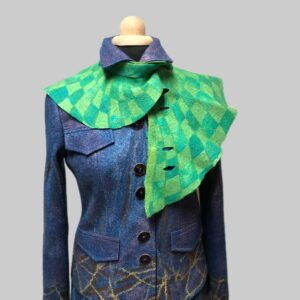 Blauw groen merinoswol zijde hals en schouder warmer met blokmotief
